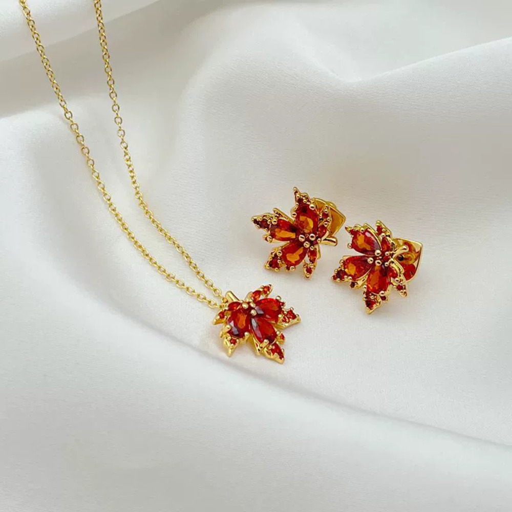 Kendra Scott Red Maple Leaf Earrings and Necklace Gold Plated Silver Posts CZ